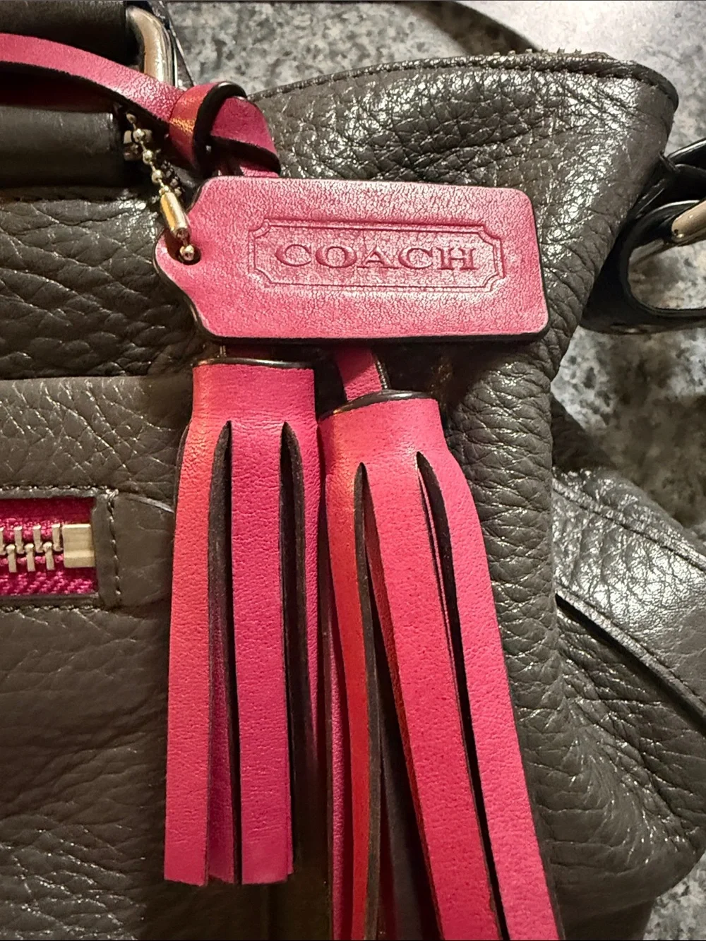 Coach Black Leather Satchel with Pink Tassel and Zipper Trim